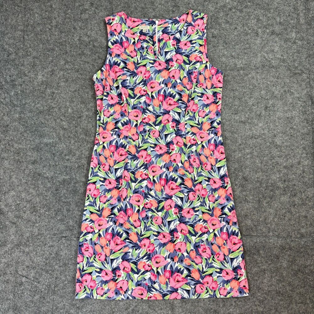 Talbots Women's Size 12 Shift Dress Floral Pink Blue Textured Pique Keyhole Neck